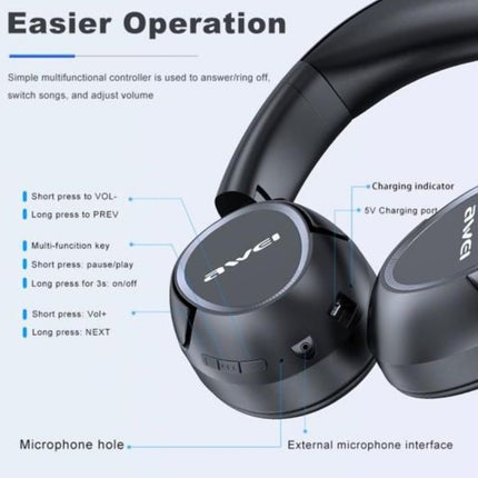 AWEI Ασύρματα Bluetooth Ακουστικά με Hi-Res Audio, Ενεργή Ακύρωση Θορύβου & Πτυσσόμενη Σχεδίαση Μαύρο A770BL, 6+ Ετών