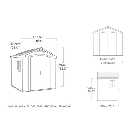 KETER Factor 8x6ft Πλαστική Αποθήκη Κήπου 182 x 256,6 x 243 cm με Διπλές Πόρτες, Παράθυρο, Δάπεδο & Φεγγίτη