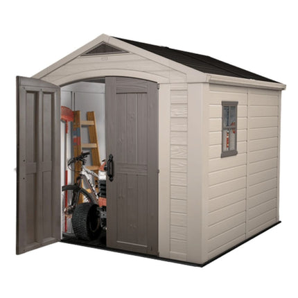 KETER Factor 8x8ft Πλαστική Αποθήκη Κήπου  Ρητινώδης Κατασκευή με Φεγγίτη, Παράθυρο, Διπλές Πόρτες & Δάπεδο