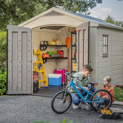 KETER Factor 8x8ft Πλαστική Αποθήκη Κήπου  Ρητινώδης Κατασκευή με Φεγγίτη, Παράθυρο, Διπλές Πόρτες & Δάπεδο