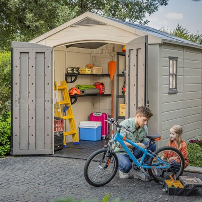 KETER Factor 8x8ft Πλαστική Αποθήκη Κήπου  Ρητινώδης Κατασκευή με Φεγγίτη, Παράθυρο, Διπλές Πόρτες & Δάπεδο