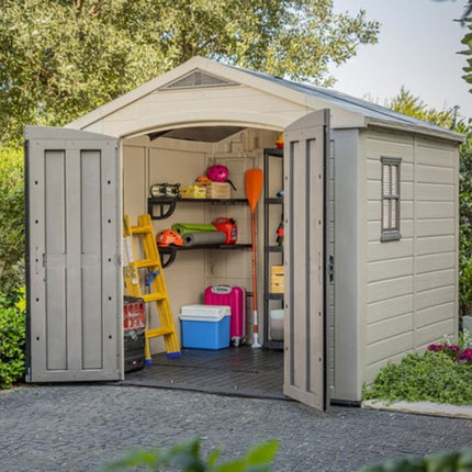 KETER Factor 8x8ft Πλαστική Αποθήκη Κήπου  Ρητινώδης Κατασκευή με Φεγγίτη, Παράθυρο, Διπλές Πόρτες & Δάπεδο
