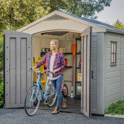 KETER Factor 8x8ft Πλαστική Αποθήκη Κήπου  Ρητινώδης Κατασκευή με Φεγγίτη, Παράθυρο, Διπλές Πόρτες & Δάπεδο