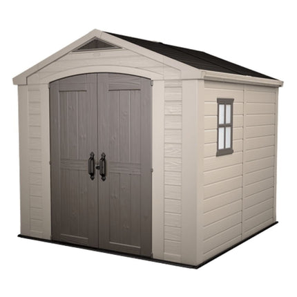 KETER Factor 8x8ft Πλαστική Αποθήκη Κήπου  Ρητινώδης Κατασκευή με Φεγγίτη, Παράθυρο, Διπλές Πόρτες & Δάπεδο