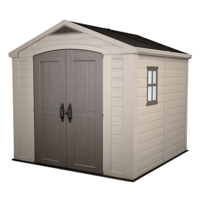 KETER Factor 8x8ft Πλαστική Αποθήκη Κήπου  Ρητινώδης Κατασκευή με Φεγγίτη, Παράθυρο, Διπλές Πόρτες & Δάπεδο