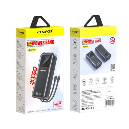 AWEI Power Bank 20.000mAh 22.5W Fast Charging με Ενσωματωμένα Καλώδια & Οθόνη Ένδειξης Φόρτισης, Μαύρο PK107K