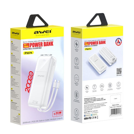 AWEI Power Bank 20.000mAh 22.5W Fast Charging με Ενσωματωμένα Καλώδια & Οθόνη Ένδειξης Φόρτισης, Λευκό PK107K