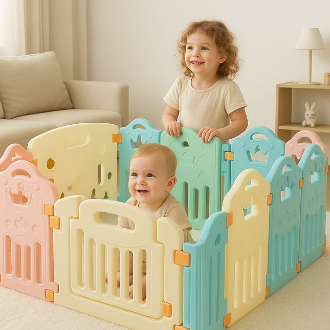 Πλαστικός Παιδικός Αναδιπλούμενος Φράχτης 14+2 με Πολύχρωμα Πάνελ & Κλειδαριά, 156x156x59 cm