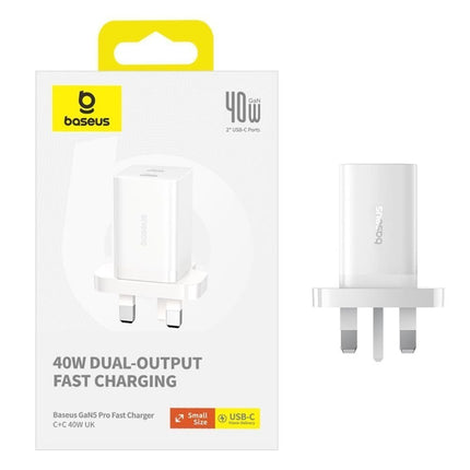 BASEUS Φορτιστής Τοίχου 40W με 2 Θύρες USB-C, Τεχνολογία GaN5 & Προστασία Υπερθέρμανσης