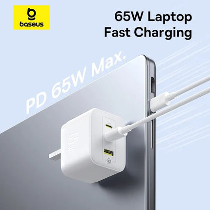 Baseus Palm Φορτιστής Τοίχου GaN 65W, 2 USB-C + USB-A, UK, με Καλώδιο USB-C 100W, Λευκός