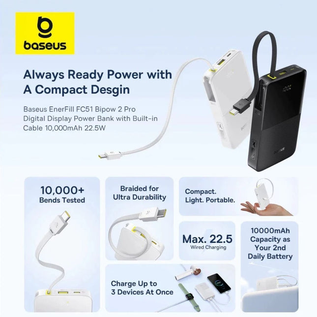 Baseus EnerFill FC51 Bipow2 Pro Powerbank 10000mAh 22.5W με Οθόνη, Λευκό