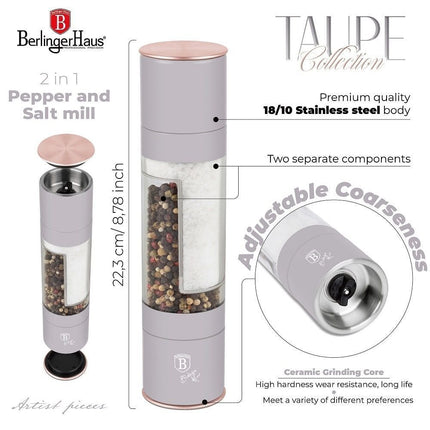 Berlinger Haus BH/8579 Μύλος Πιπεριού &amp; Αλατιού 2-σε-1, Ανοξείδωτος με Κεραμικό Μηχανισμό και Ματ Απόχρωση Taupe