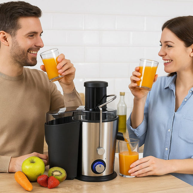 BESTRON Αποχυμωτής 400W Inox με Χωρητικότητα Δοχείου Χυμού 500ml, Ευρύ Στόμιο 65mm & 2 Ταχύτητες για Μαλακά & Σκληρά Φρούτα