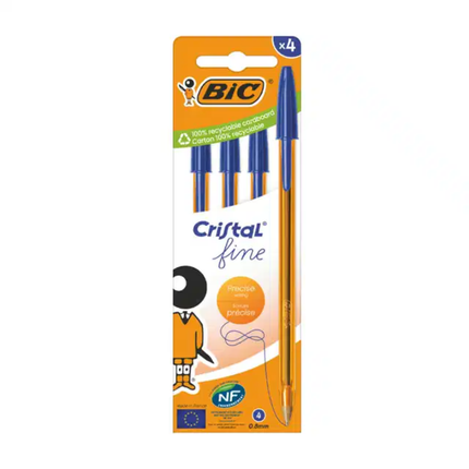BIC Cristal Fine Στυλό Διαρκείας Λεπτής Γραφής 0.8mm 4 Τεμάχια B-516338 Μπλε