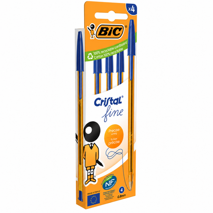 BIC Cristal Fine Στυλό Διαρκείας Λεπτής Γραφής 0.8mm 4 Τεμάχια B-516338 Μπλε