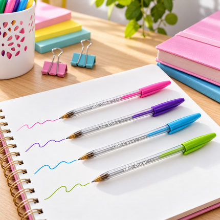 BIC Cristal Fun Στυλό 1,6 mm σε 4 Χρώματα, 4 Τεμάχια B-524173 Ροζ, Μωβ, Γαλάζιο & Λαχανί