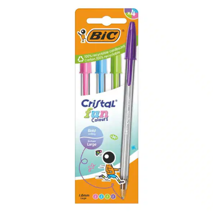 BIC Cristal Fun Στυλό 1,6 mm σε 4 Χρώματα, 4 Τεμάχια B-524173 Ροζ, Μωβ, Γαλάζιο & Λαχανί