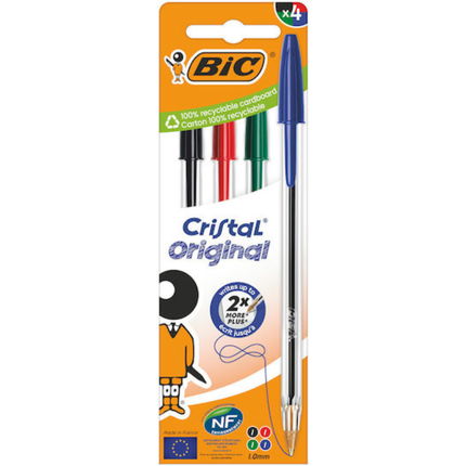 BIC Cristal Original Στυλό Διαρκείας 1.0mm με απαλή γραφή 4 τεμάχια B-516834 Μπλε, Μαύρο, Κόκκινο, Πράσινο
