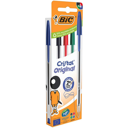 BIC Cristal Original Στυλό Διαρκείας 1.0mm με απαλή γραφή 4 τεμάχια B-516834 Μπλε, Μαύρο, Κόκκινο, Πράσινο