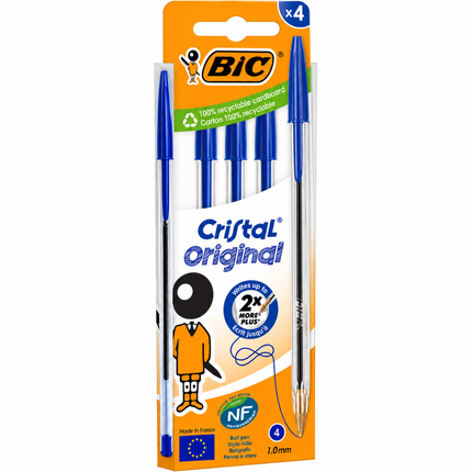 BIC Cristal Original Στυλό Διαρκείας με Μπίλια 1.0mm για σημειώσεις 4 Τεμάχια B-516332 Μπλε