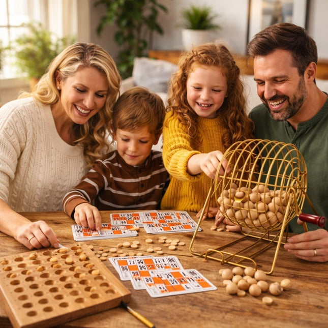 BINGO Επιτραπέζιο Παιχνίδι Πλήρες Σετ με Μεταλλικό Κλωβό & Ξύλινες Μπίλιες 6+ Ετών