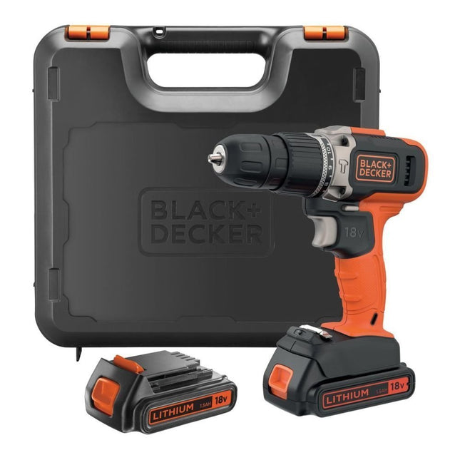 Black & Decker Σετ Κρουστικό Δραπανοκατσάβιδο Μπαταρίας 18V με 2 Μπαταρίες 1.5Ah, Φορτιστή & Βαλιτσάκι Μεταφοράς BCD003C2K-QW