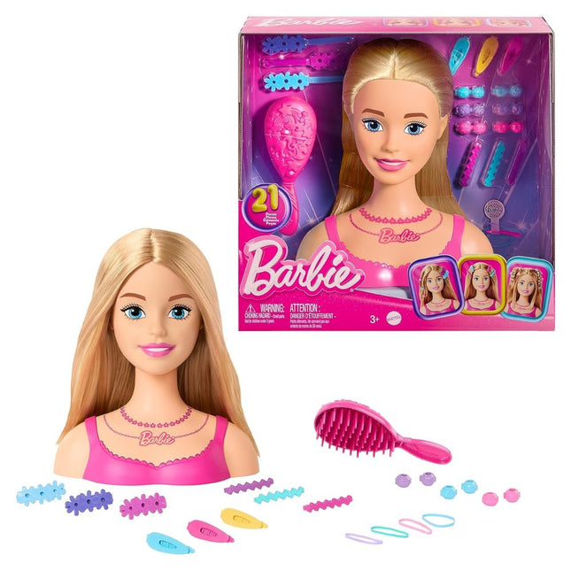 Barbie Σετ Styling Κεφαλή Κούκλας με Ξανθά Μαλλιά, 20 Αξεσουάρ για Χτενίσματα & Μακιγιάζ