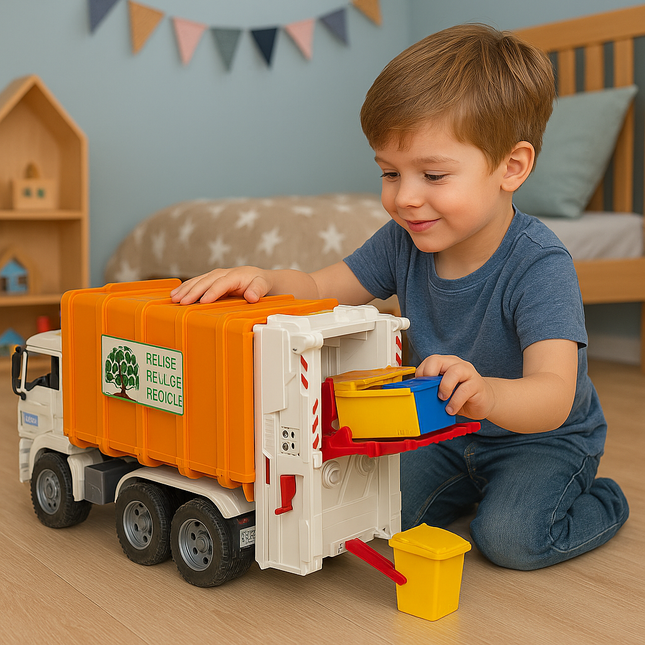 BRUDER 02772 MAN TGA Απορριμματοφόρο Οπίσθιας Φόρτωσης Πραγματική Δράση Καθαριότητας στο Παιχνίδι