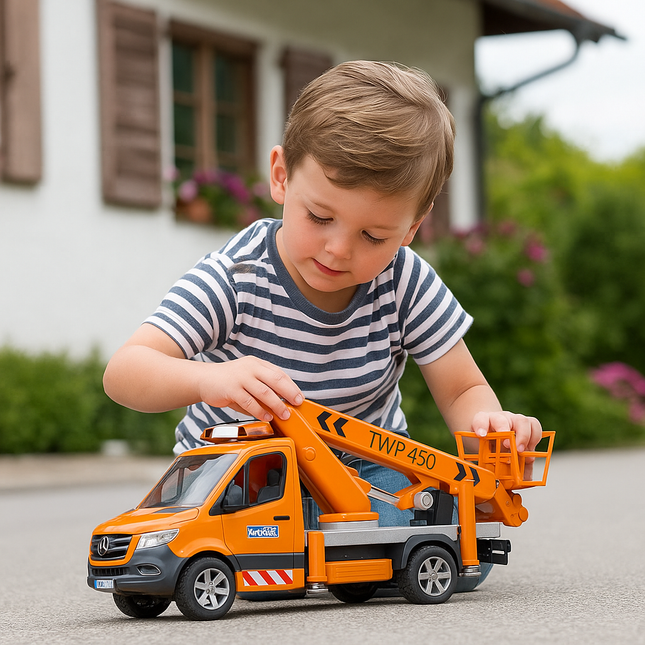 BRUDER 02679 MB Sprinter με Πλατφόρμα Εργασίας & Ήχο, Φωτεινή Μονάδα, Ρεαλιστικό Παιχνίδι Τεχνικής Υποστήριξης