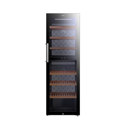 MIDEA MDRW562FGG22 Συντηρητής Κρασιών 193 Φιαλών με 2 Ζώνες Θερμοκρασίας, 7 Ξύλινα Ράφια, LED Φωτισμό & Inverter Μαύρο