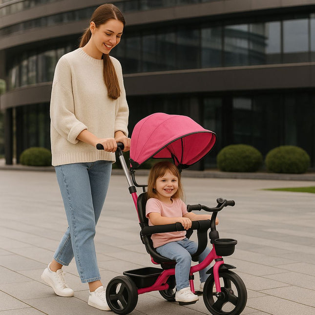 Παιδικό Πολυλειτουργικό Τρίκυκλο Ποδήλατο 4 σε 1 με Γονικό Έλεγχο, Αντιηλιακό Κάλυμμα, Ζώνη Ασφαλείας, Καλάθι, & Θήκη για Μπουκάλι