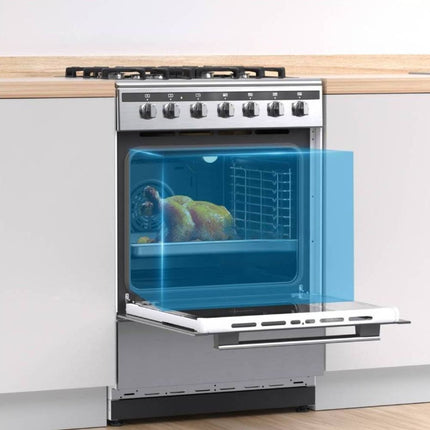 Midea Ελεύθερη Ηλεκτρική Κουζίνα 60cm με 4 Εστίες Αερίου & Ηλεκτρικό Φούρνο 65L, Inox 24DMS4G113