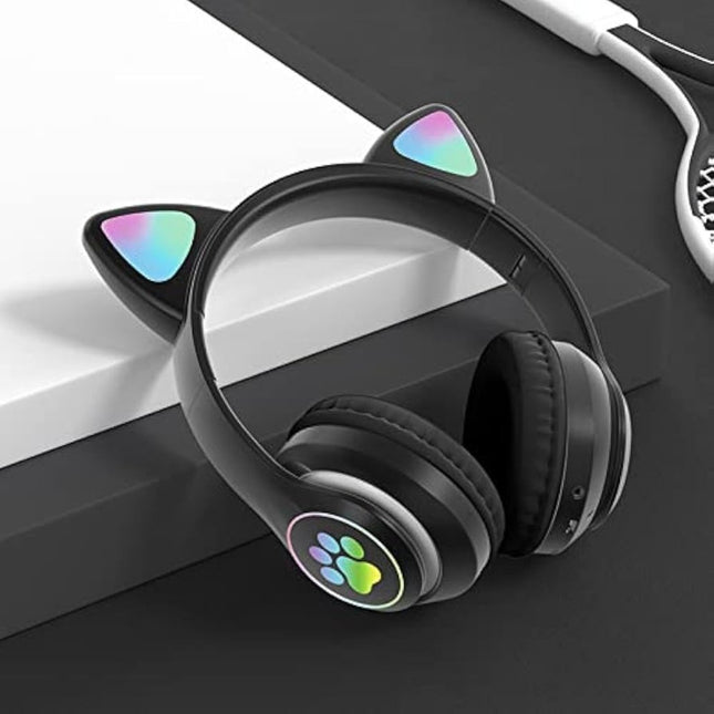 Μαύρα Ασύρματα Ακουστικά Αυτιά Γάτας Bluetooth με LED Εναλλασσόμενο Φωτισμό