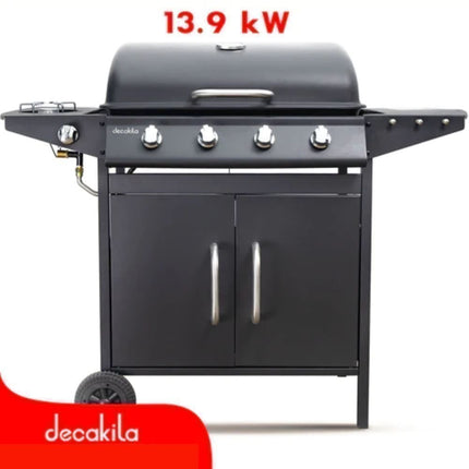 Decakila Μπάρμπεκιου Aερίου 13,9kW με 4 Καυστήρες, 1 Πλευρικός Καυστήρα Θερμόμετρο & Χώρο Αποθήκευσης, Μαύρο