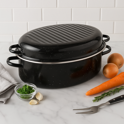 DOLPHIN Οβάλ Γάστρα Εμαγιέ 7L με Καπάκι για Εστία και Φούρνο 39×28×16cm, Μαύρο