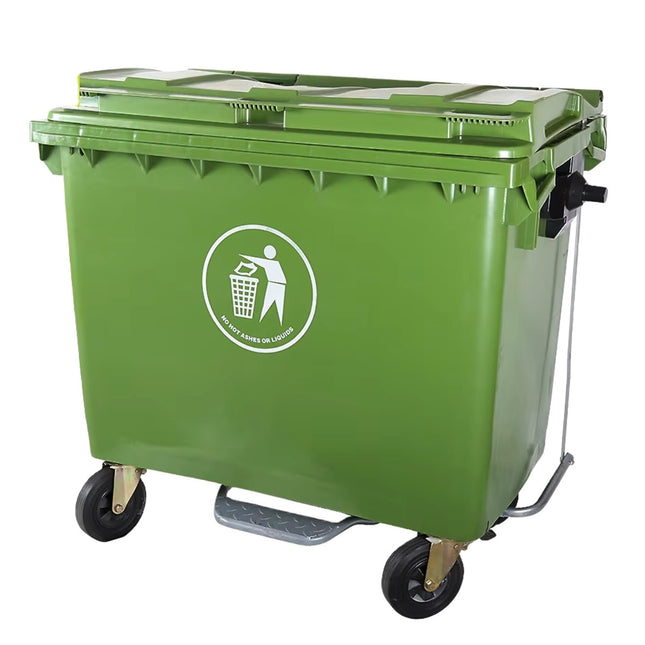 Πλαστικός Κάδος Απορριμμάτων 1100L με Πεντάλ, Καπάκι και Τροχούς από Ανθεκτικό HDPE KAO-1100A1 Πράσινο
