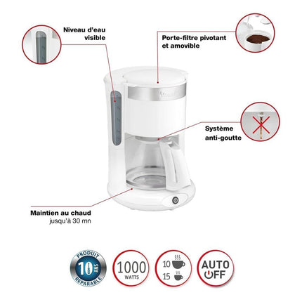 MOULINEX Principio Plus Καφετιέρα Φίλτρου 1000W με Κανάτα 1.25L για 10-15 Φλιτζάνια, Αυτόματη Απενεργοποίηση & Σύστημα Stop Ροής FG264100