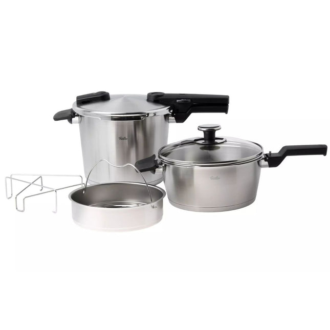 FISSLER Vitaquick Premium Σετ Χύτρας Ταχύτητας 22cm 6L & 3.5L με Ένθετο Ατμού και Γυάλινο Καπάκι 602-410-13-090/0