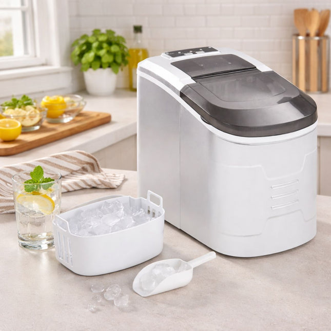 Φορητή Παγομηχανή 15kg/Ημέρα με Ανάδευση για Γρήγορη Παραγωγή Πάγου σε 8–10 Λεπτά Λευκό