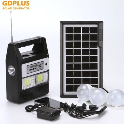 Ηλιακό σύστημα φωτισμού – φόρτισης , USB/SD, Mp3 Player, FM Radio, 3  LED 100LM  και τηλεχειριστήριο GD PLUS
