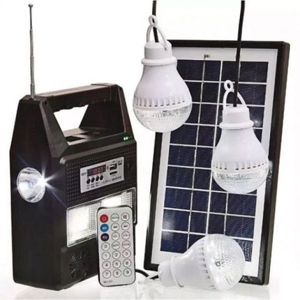 Ηλιακό σύστημα φωτισμού – φόρτισης , USB/SD, Mp3 Player, FM Radio, 3  LED 100LM  και τηλεχειριστήριο GD PLUS