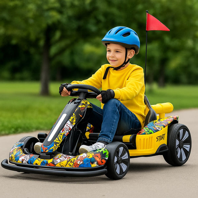 Go Kart Ηλεκτροκίνητο 24V με Δερμάτινο Κάθισμα, Λειτουργία Drift, Φώτα LED & Ραδιόφωνο Graffity, 6+ Ετών