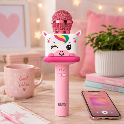 Green Lyca Unicorn Ασύρματο Μικρόφωνο Bluetooth 5.3 με Αλλαγή Φωνής, Εγγραφή και Αυτονομία 5 Ωρών GL70265 Ροζ