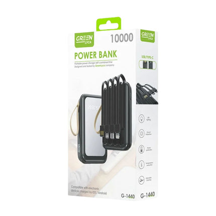 Green Lyca Power Bank 10000mAh με LCD Ένδειξη Ποσοστού & Καλώδιο Lightning/Type-C/Micro G-1440 Μαύρο