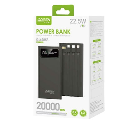 Green Lyca Power Bank 20000mAh με Γρήγορη Φόρτιση έως 22.5W Ενσωματωμένα Καλώδια GL69858