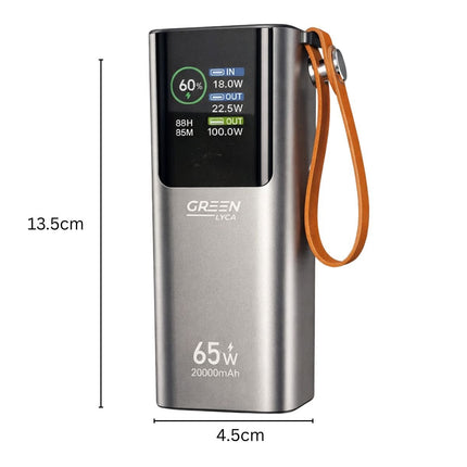 Green Lyca Powerbank 20.000mAh 65W με Ενσωματωμένο Καλώδιο Type-C, LED Οθόνη & Φακό LED GL70215