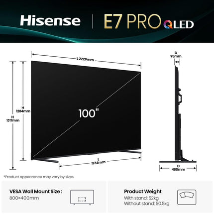 Hisense Τηλεόραση 100” Smart QLED 4K με Dolby Vision IQ, Dolby Atmos & Game Mode PRO 100E7Q