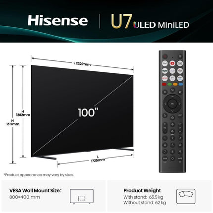 Hisense Τηλεόραση 100” Smart QLED Mini LED 4K με Dolby Vision IQ, Dolby Atmos & Game Mode Ultra 100U7Q