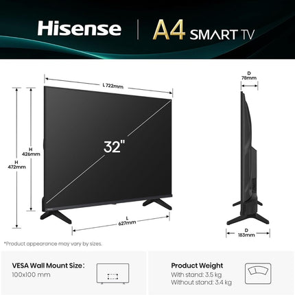 Hisense Τηλεόραση 32” Smart LED HD με Dolby Audio, DTS Virtual:X & Share to TV 32A4Q