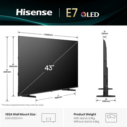 Hisense Τηλεόραση 43” Smart QLED 4K με Dolby Vision, Dolby Atmos & AI Smooth Motion 43E7Q